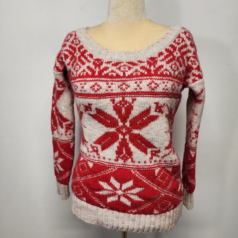 American Eagle Womens Fair Isle Nordic Sweater Size M Red Cream Wool Alpaca